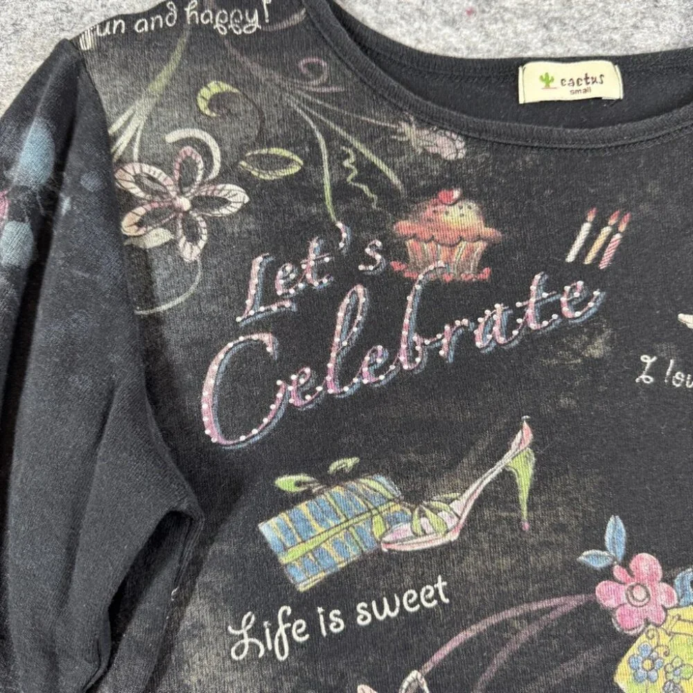 Cactus Y2K Small Celebrate Graphic Tee Black Art Print Long Sleeve Top Festival - Picture 3 of 13